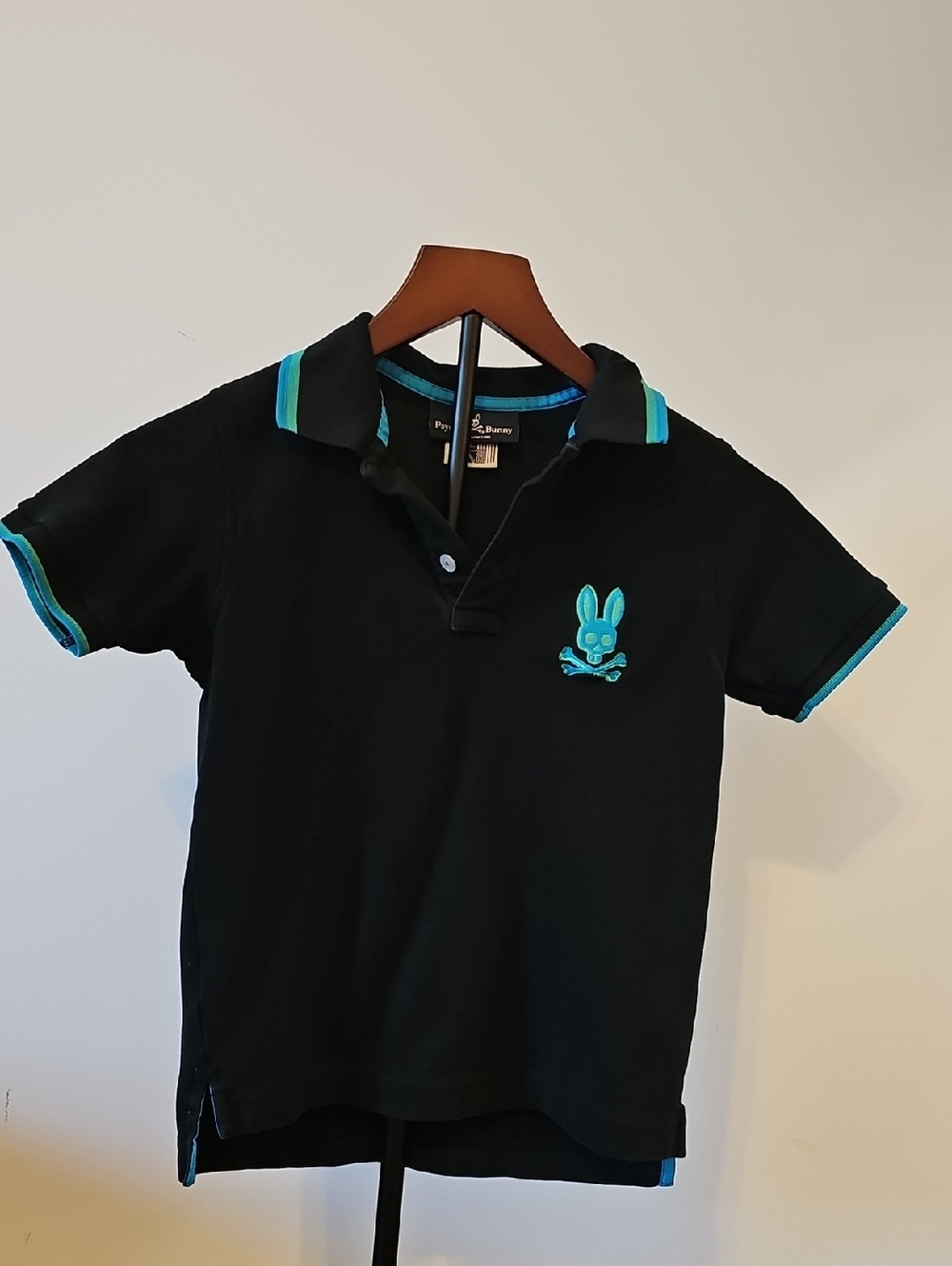 Psycho Bunny Black Polo with Teal Trim and Embroidered Bunny Size Small 7/8